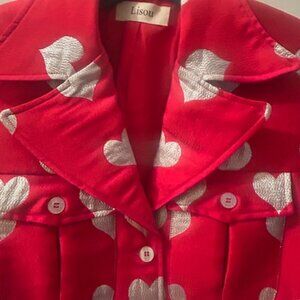 Lisou Lucille Cherry Red Silver Heart Print Silk Lined Belted Jacquard Jacket 6